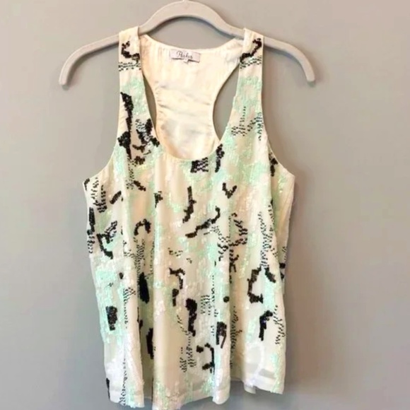 Parker Tops - Parker NY Top Allover Sequin Embellished Racerback Tank White Mint Green Small